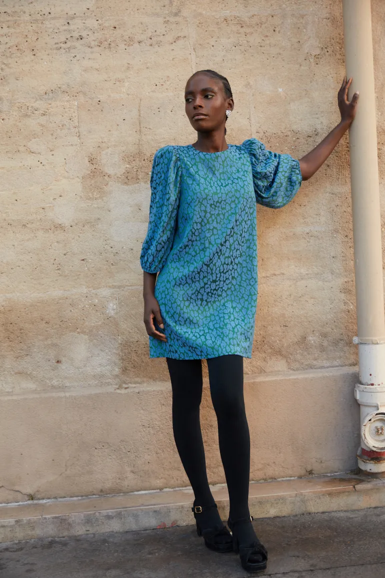 Maison Guillemette ROBE CHIARA LEOPARD BLEU - existe dans deux longueurs | Robes